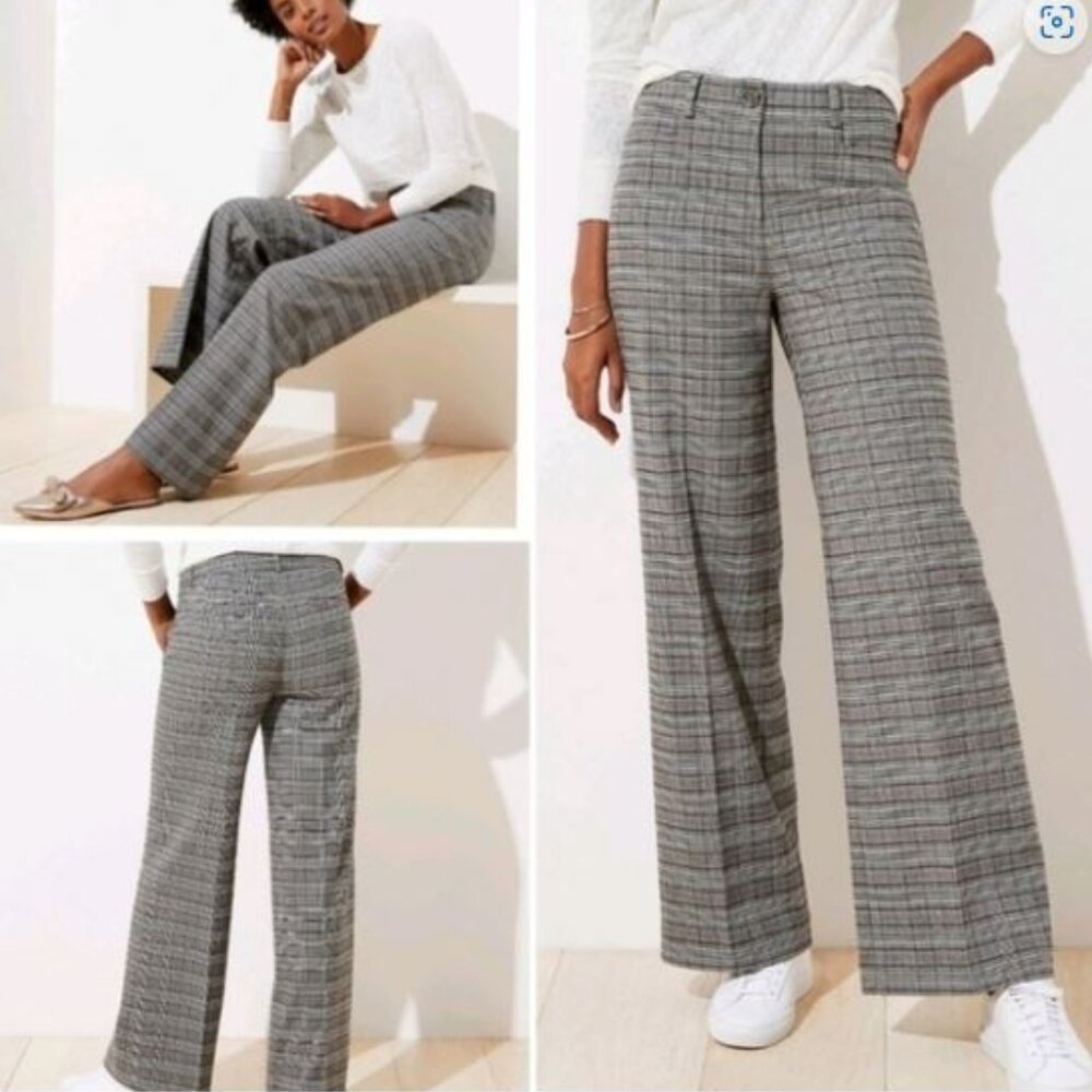 NWT LOFT Brushed Glen Plaid High Waist Wide Leg Trouser Pants Size 2